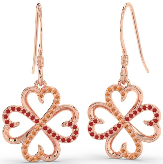 Ruby & Citrine Rose Gold Silver Clover Dangle Earrings