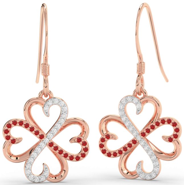 Diamond & Ruby Rose Gold Clover Dangle Earrings