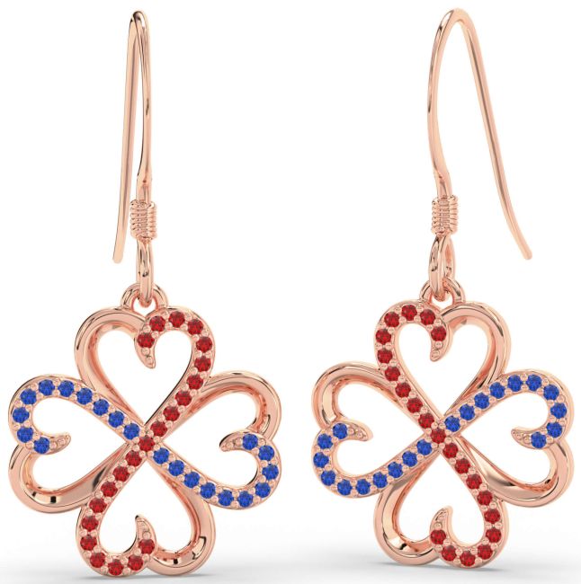 Blue Sapphire & Ruby Rose Gold Silver Clover Dangle Earrings