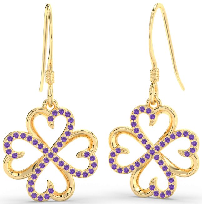 Amethyst Gold Clover Dangle Earrings
