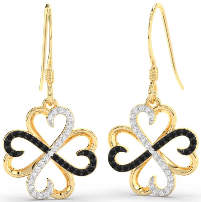Black Diamond Gold Silver Clover Dangle Earrings