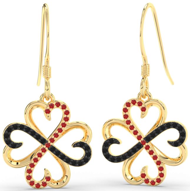 Black Diamond & Ruby Gold Silver Clover Dangle Earrings