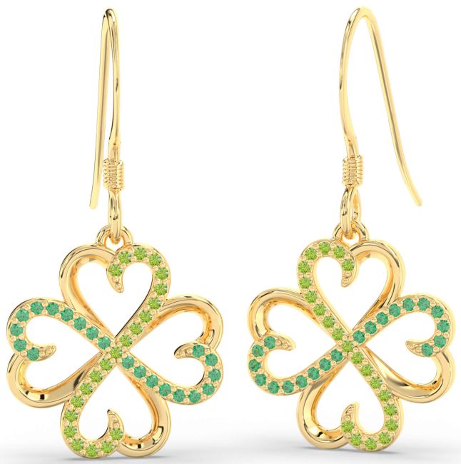 Emerald & Peridot Gold Silver Clover Dangle Earrings