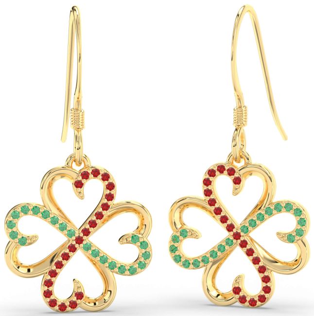 Emerald & Ruby Gold Silver Clover Dangle Earrings