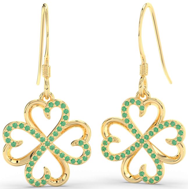 Emerald Gold Clover Dangle Earrings