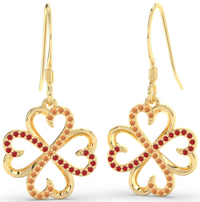 Ruby & Citrine Gold Clover Dangle Earrings