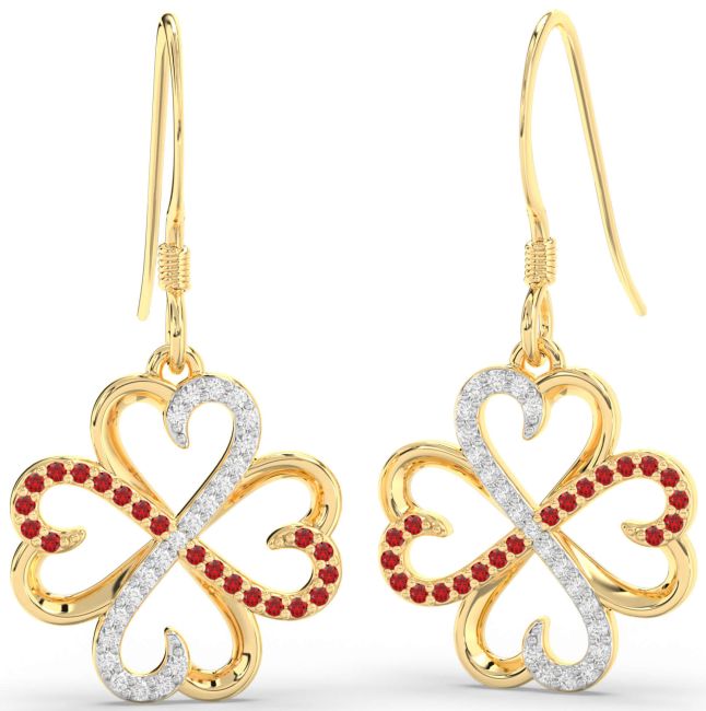 Diamond & Ruby Gold Silver Clover Dangle Earrings