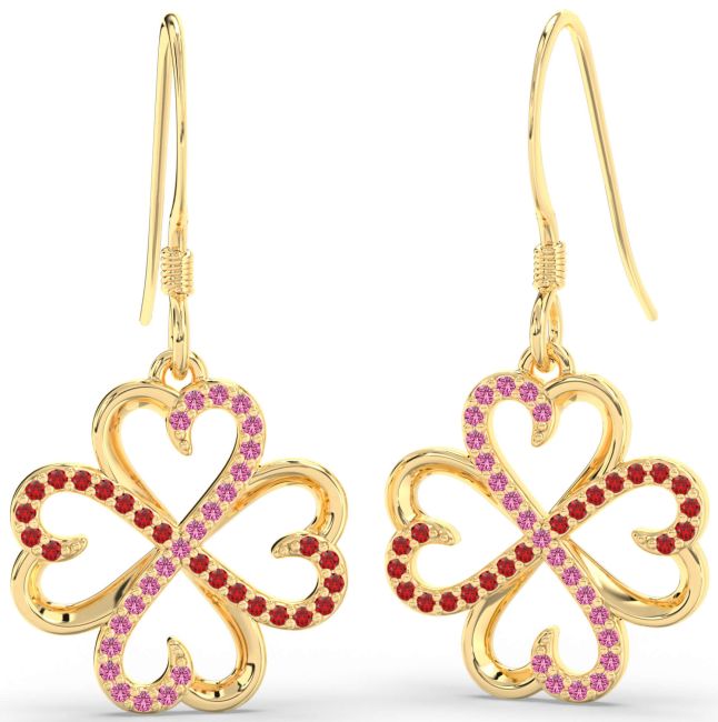 Ruby & Pink Sapphire Gold Clover Dangle Earrings