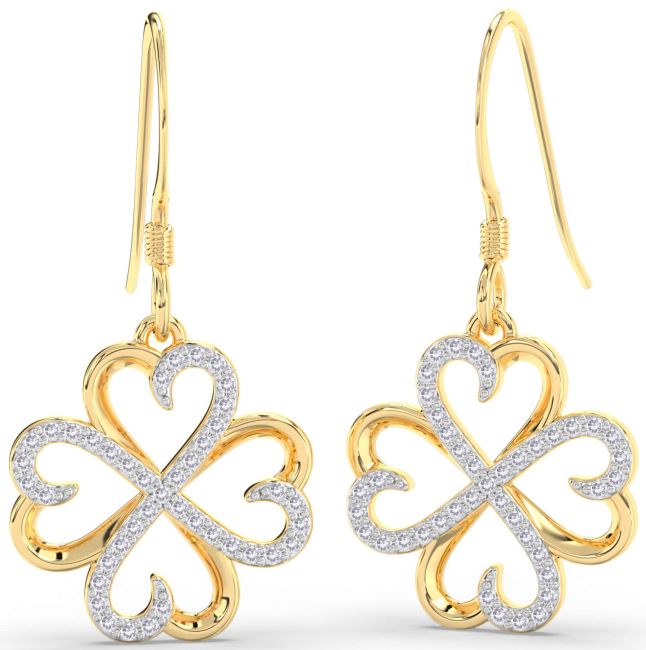 Salt & Pepper Diamond Gold Clover Dangle Earrings