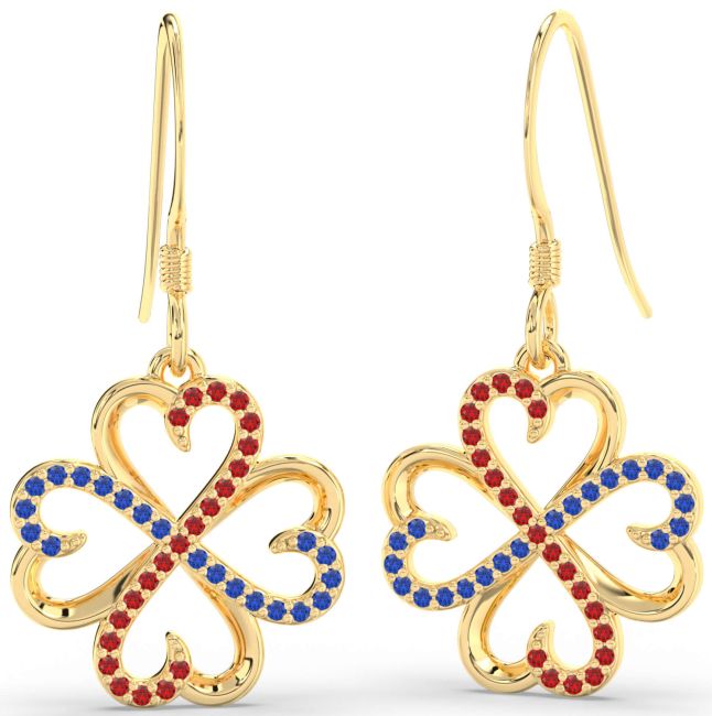 Blue Sapphire & Ruby Gold Silver Clover Dangle Earrings