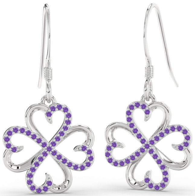 Amethyst Silver Clover Dangle Earrings