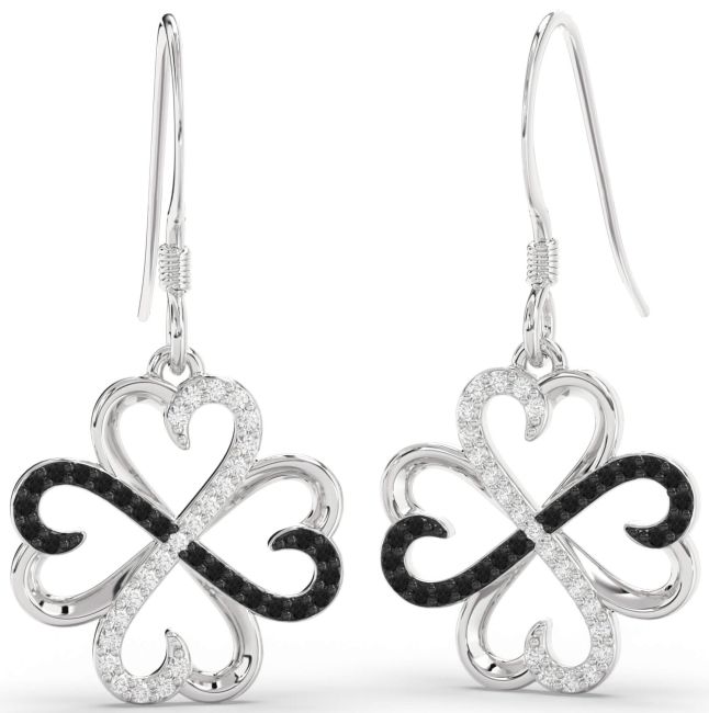 Black Diamond Platinum Clover Dangle Earrings