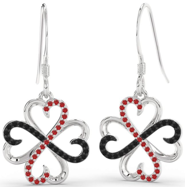 Black Diamond & Ruby Platinum Clover Dangle Earrings