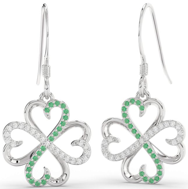 Emerald & Diamond Silver Clover Dangle Earrings