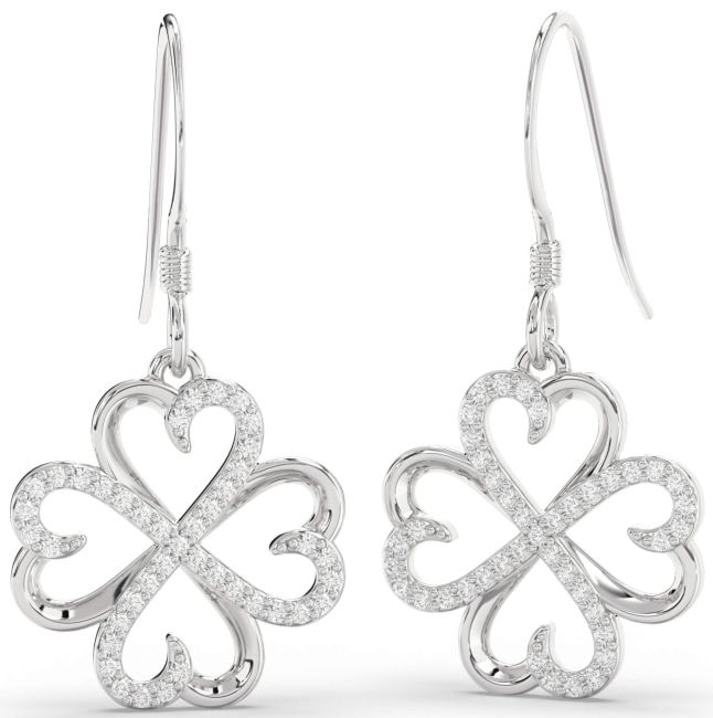 Diamond Silver Clover Dangle Earrings