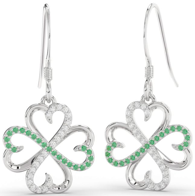 Diamond & Emerald Silver Clover Dangle Earrings