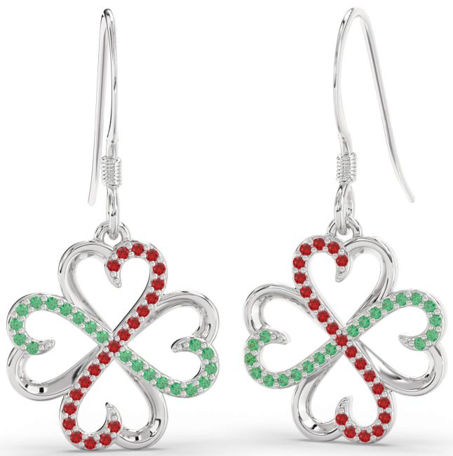 Emerald & Ruby Silver Clover Dangle Earrings