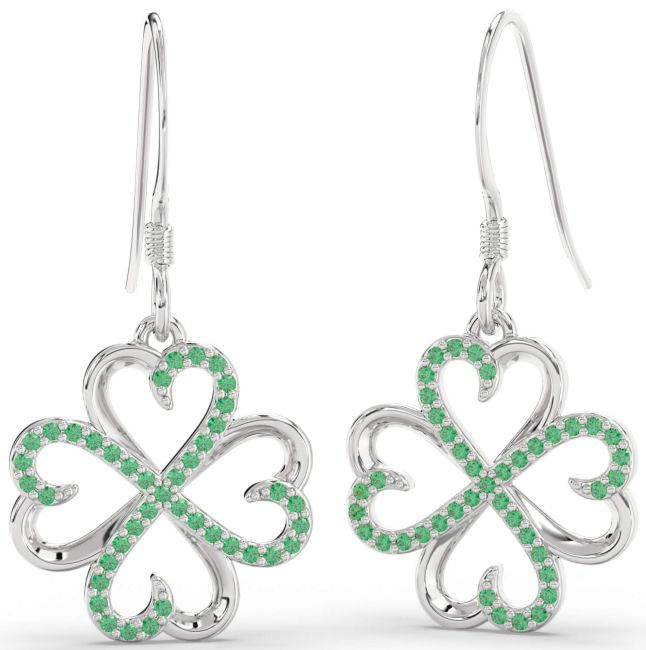 Emerald Silver Clover Dangle Earrings