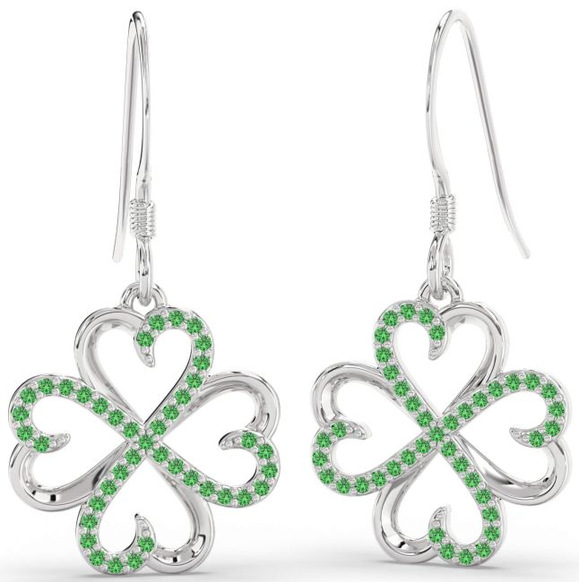 Green Sapphire Silver Clover Dangle Earrings