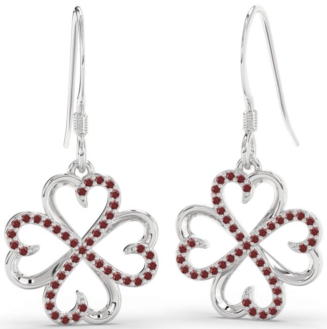 Garnet Silver Clover Dangle Earrings