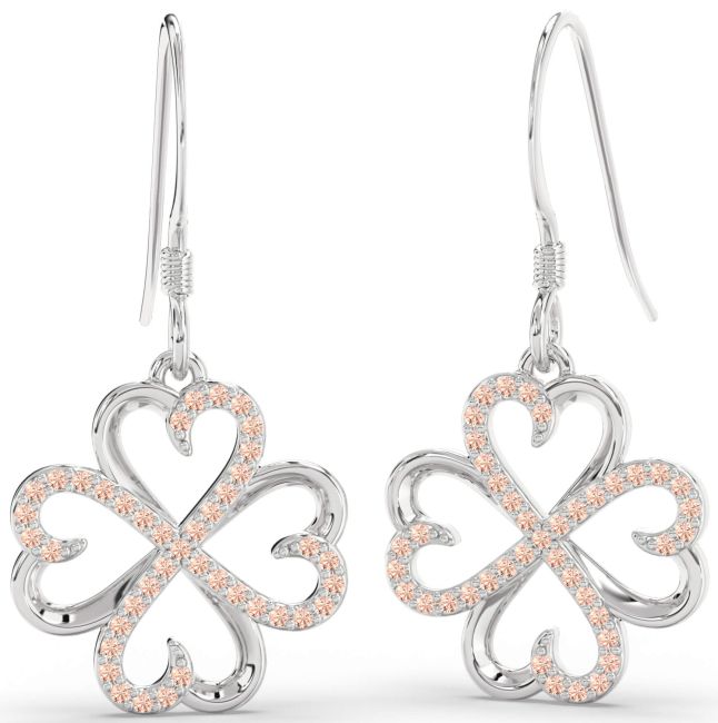 Morganite Silver Clover Dangle Earrings