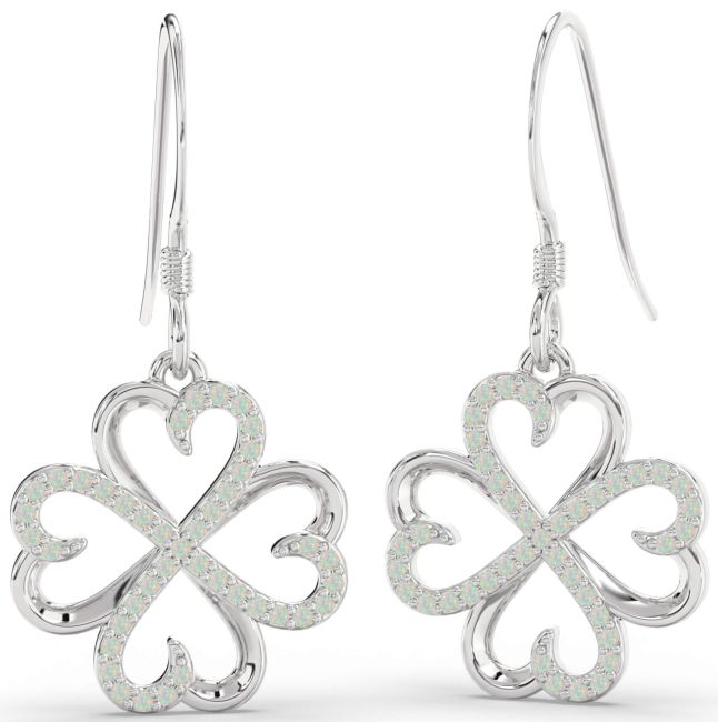 Opal Silver Clover Dangle Earrings