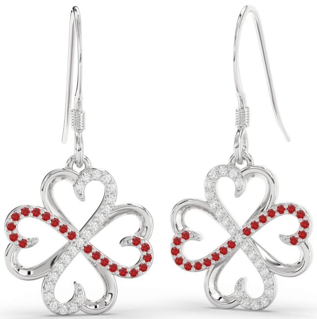 Diamond & Ruby Platinum Clover Dangle Earrings
