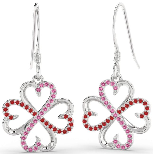 Ruby & Pink Sapphire Silver Clover Dangle Earrings