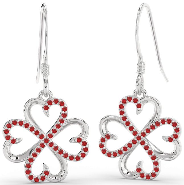 Ruby Platinum Clover Dangle Earrings