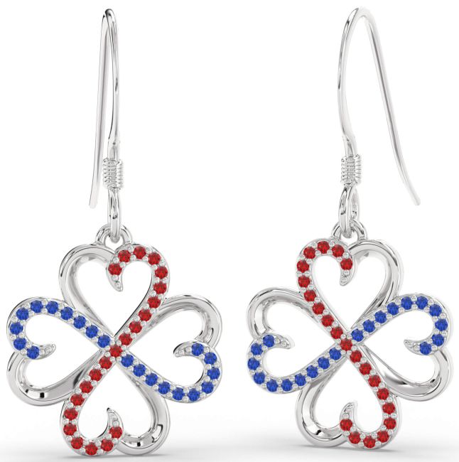 Blue Sapphire & Ruby Platinum Clover Dangle Earrings