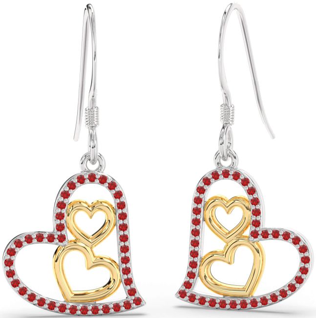 Ruby Gold Silver Heart Dangle Earrings