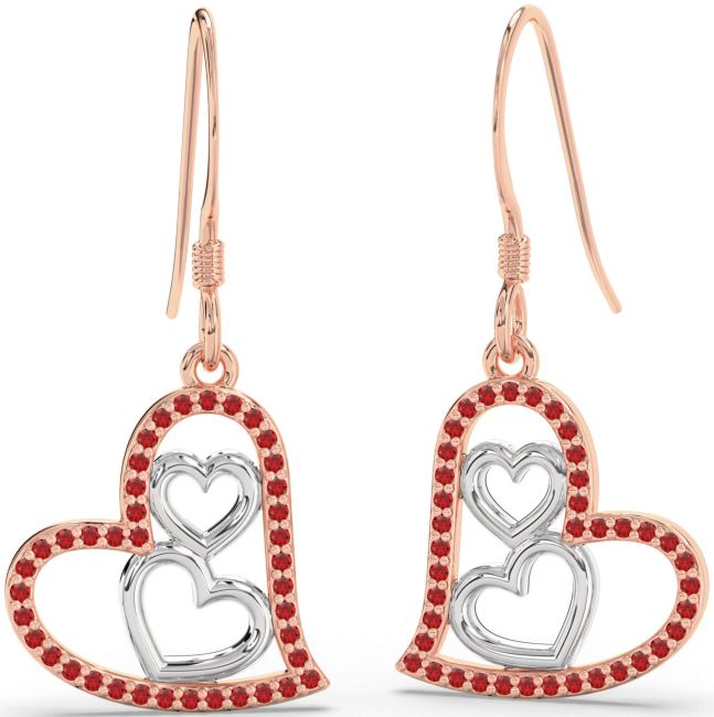 Ruby White Rose Gold Heart Dangle Earrings