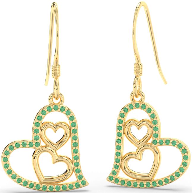 Emerald Gold Heart Dangle Earrings