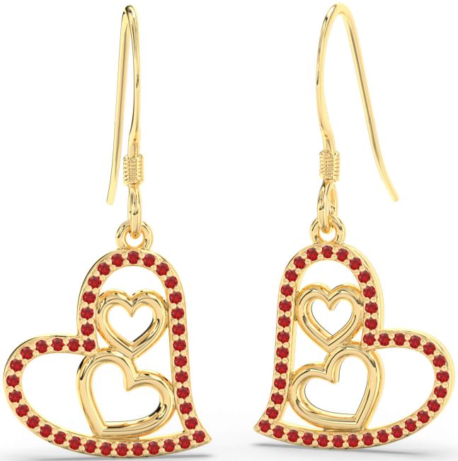 Ruby Gold Heart Dangle Earrings