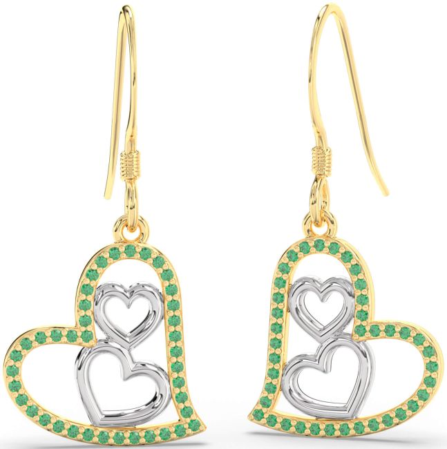 Emerald Gold Silver Heart Dangle Earrings