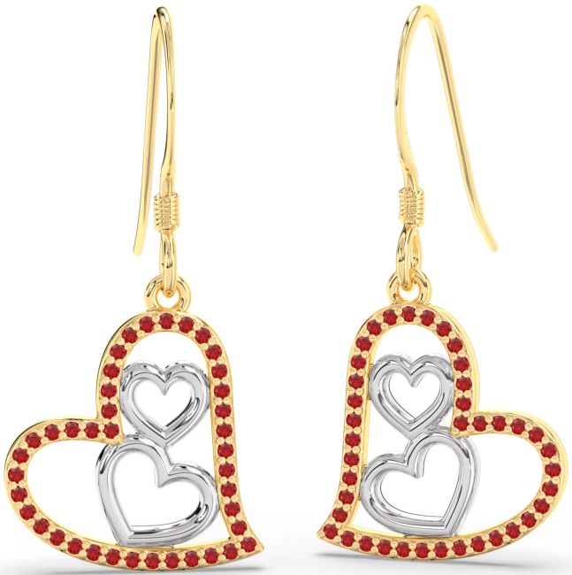 Ruby Gold Silver Heart Dangle Earrings
