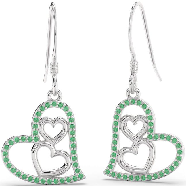 Emerald Platinum Heart Dangle Earrings