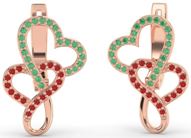 Emerald & Ruby Rose Gold Heart Dangle Earrings