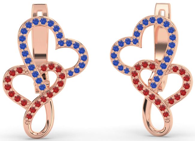 Blue Sapphire & Ruby Rose Gold Heart Dangle Earrings