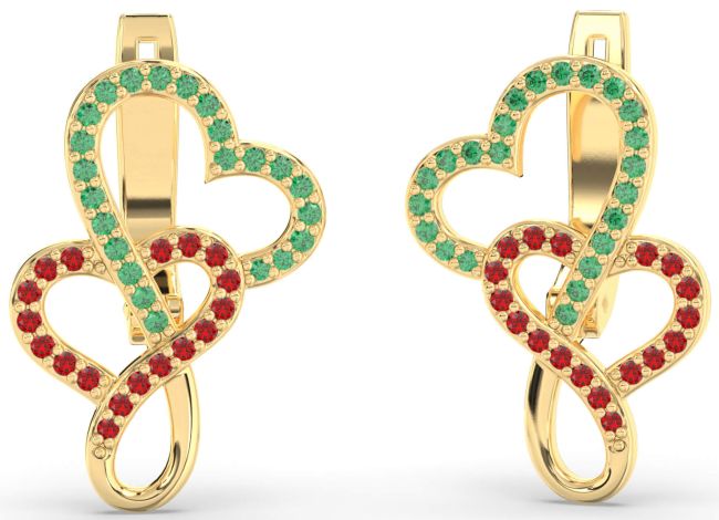 Emerald & Ruby Gold Silver Heart Dangle Earrings