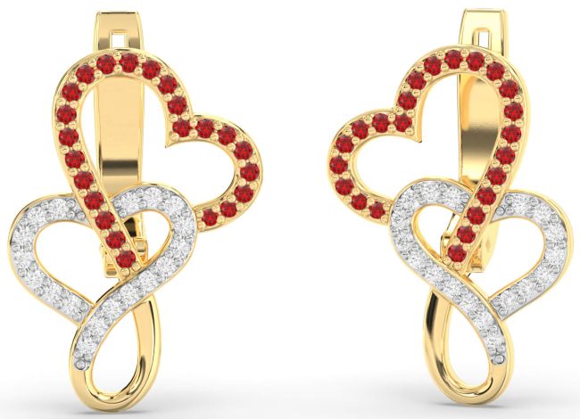 Diamond & Ruby Gold Heart Dangle Earrings