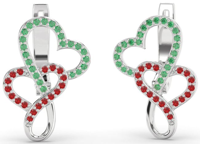 Emerald & Ruby Platinum Heart Dangle Earrings