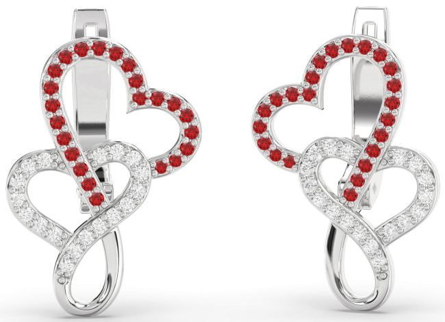 Diamond & Ruby Platinum Heart Dangle Earrings