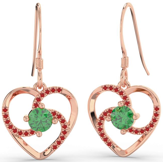Emerald & Ruby Rose Gold Heart Dangle Earrings