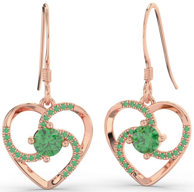 Emerald Rose Gold Heart Dangle Earrings