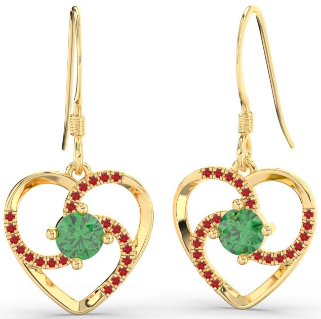 Emerald & Ruby Gold Heart Dangle Earrings