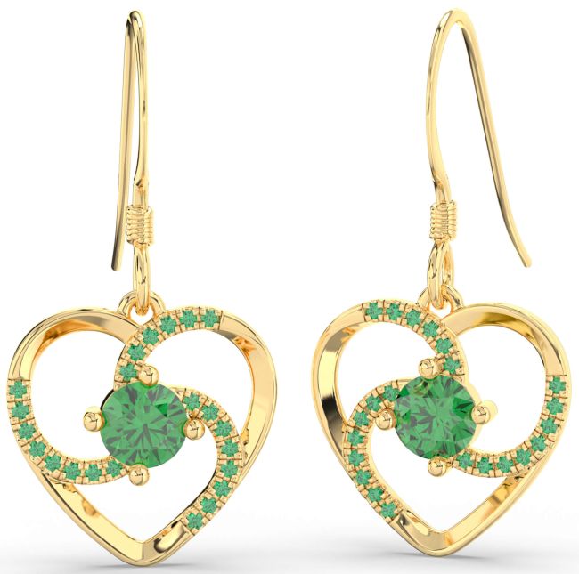 Emerald Gold Silver Heart Dangle Earrings