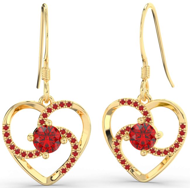 Ruby Gold Silver Heart Dangle Earrings