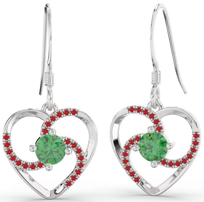 Emerald & Ruby Platinum Heart Dangle Earrings