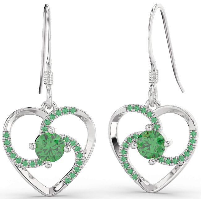 Emerald Platinum Heart Dangle Earrings